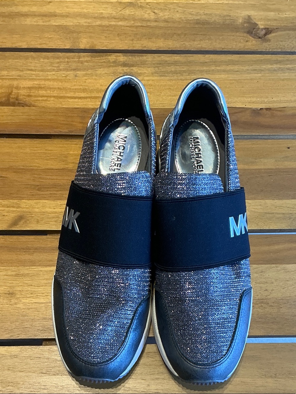 Michael Kors Metallic Silver Glitter Slip-On Sneakers with Black Elastic Strap